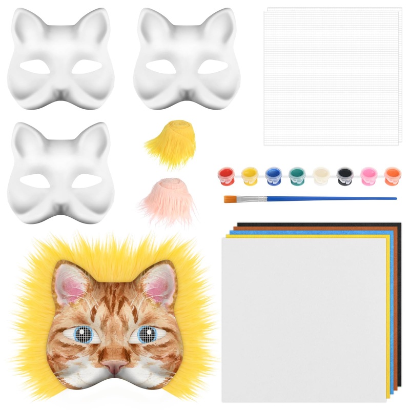 Hiitytin Therian Mask Kit Cat Mask Fox Mask DIY Blank Animal Mask, 3 Pcs White Cat Masks with Fur, Eye Mesh, Acrylic Paint Set,