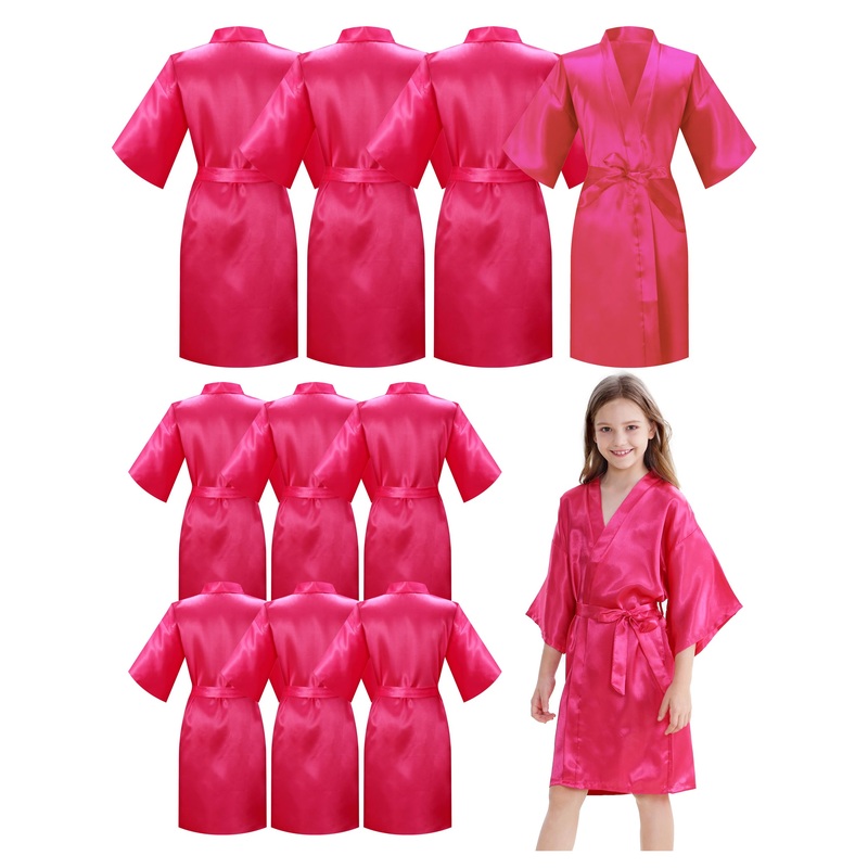 IVRRISS 10pcs Kid Girls Spa Costume Party Robes Set Silky Plain Kimono Robes for Wedding Birthday(rosa,8)