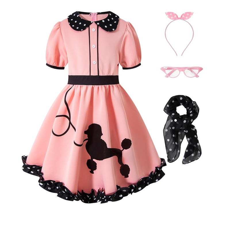 IWALUE Kids Girls 1950s Poodle Party Dresses Halloween Costume Skirt Set Dress Up(Pink,7-8 Years)