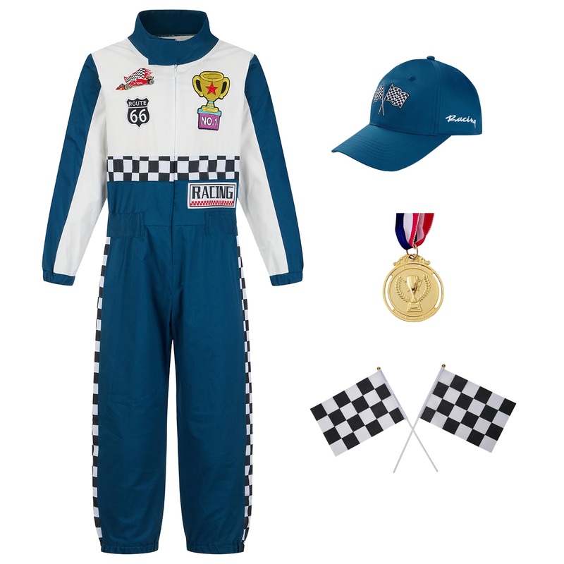 Kosgraiy Race Car Driver Costume Kid,Boy And Girl Racer Jumpsuit With Peaked Cap,Toddler Racing Costume Halloween,L/140