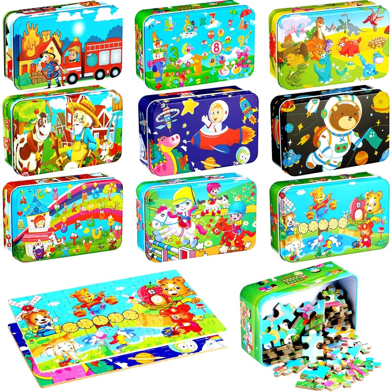 Libima 9 Boxes Party Favors Jigsaw Puzzles in a Metal Box for Age of 4-8 Wooden Puzzle for Ages 4-8 Boys and Girls Learning Educ