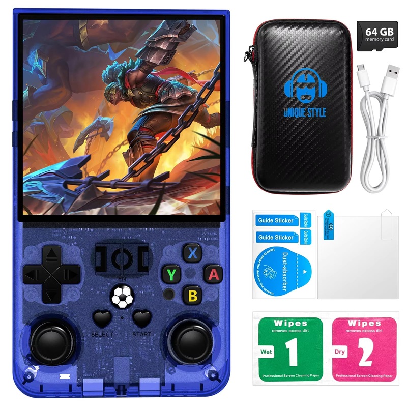 R36MAX Handheld Game Console, 4.0 Inch IPS Screen Linux System 4000mAh Rechargeable Portable Pocket Arcade with 64GB TF Card, Bu