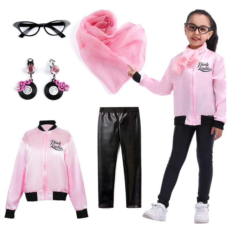 Rabtero Kids 1950s Costumes, Girls 50s Outfit Grease Costume, Pink Ladies Costume for Girls, Pink Ladies Satin Jacket with Pants