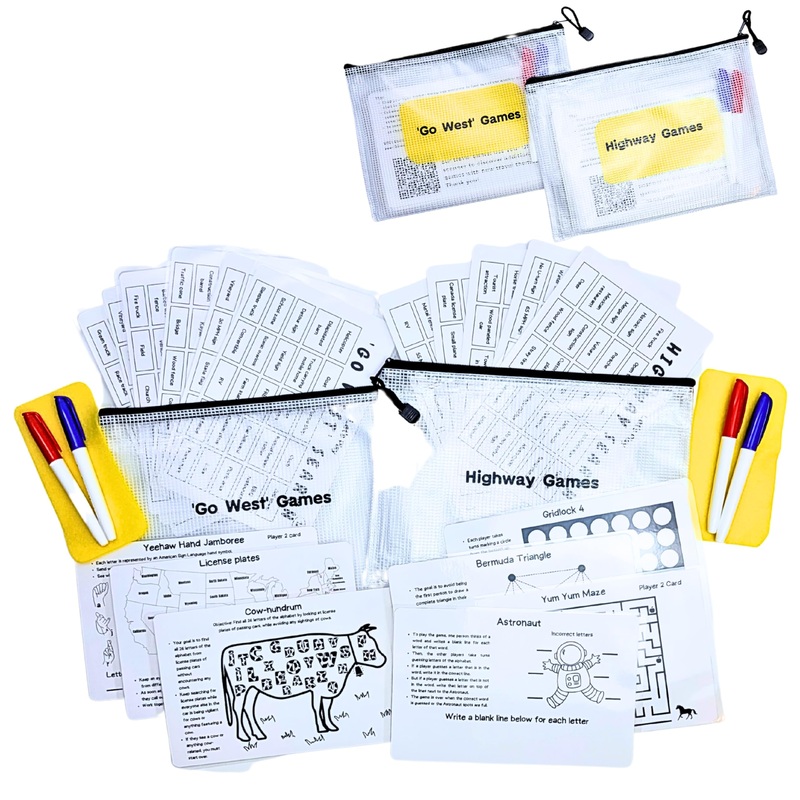 Travel Games For Families: Bundle: Highway & Go West, 72 Unique Games, Reusable Laminated Cards with Dry Erase Markers, Kid Scav