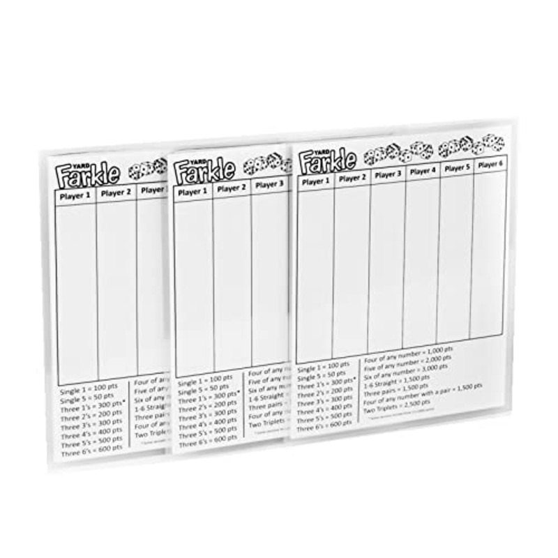 YARD FARKLE SCORE CARDS with Rules on the back- Laminated Farkle Score Card, Reusable Score Card, Size- 8.5” x 11” (THREE Fark