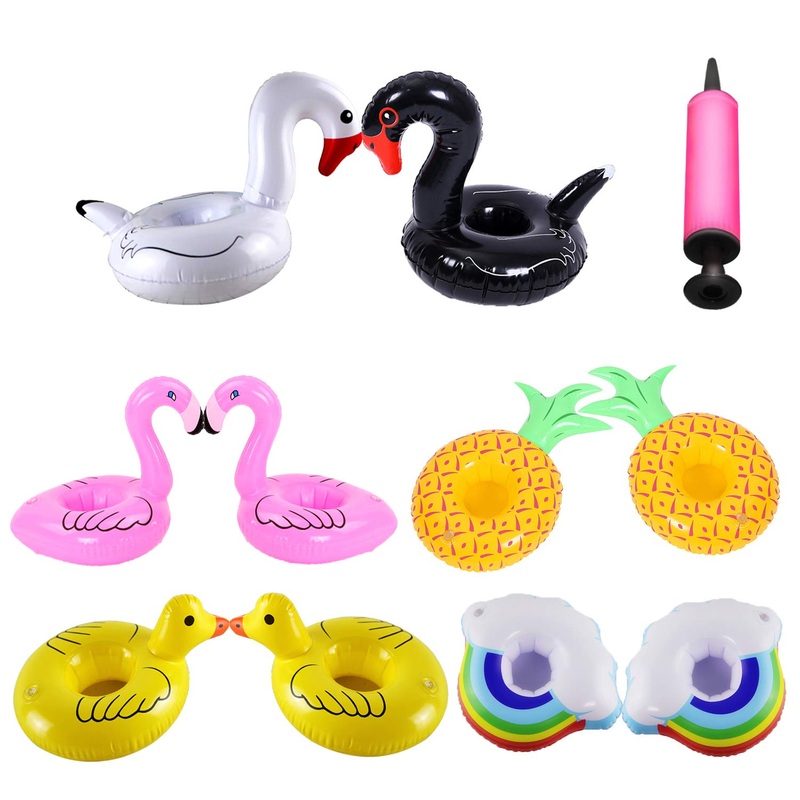AOUTACC 10 Pack Inflatable Drink Holders,Beverage Floats Cup Coasters with Mini Air Pump for Pool Party Water Fun(Swan,Rainbow,P
