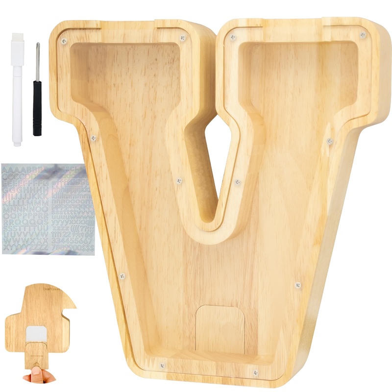 Bitreeworks Letter Piggy Bank, Personalized Wooden Coin Banks, Large Wood Money Peny Bank for Adults (9”, Alphabet V)