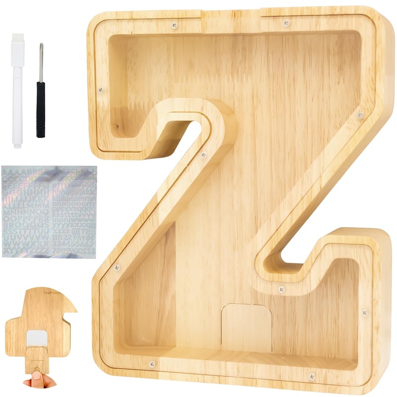 Bitreeworks Letter Piggy Bank, Personalized Wooden Coin Banks, Large Wood Money Peny Bank for Adults (9”, Alphabet Z)