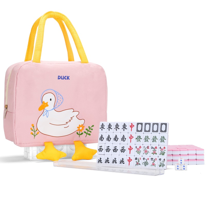 drizzle Pink 24mm Travel Mahjong Game Set Mini Duck – 0.9” Portable 144 Tiles – 4Pcs Racks Melamine Material Mah-Jong Family Le