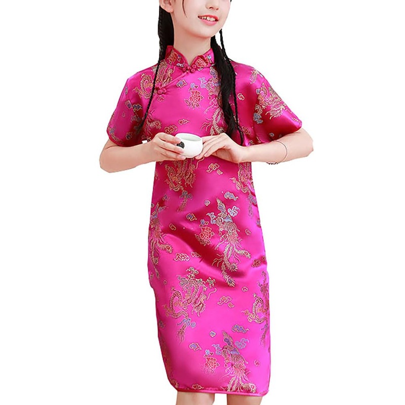 Girls Chinese Qipao Dress Dragon Pattern Short Sleeve Cheongsam Costume for Birthday Party Wedding (US, Age, 4 Years, 5 Years, R