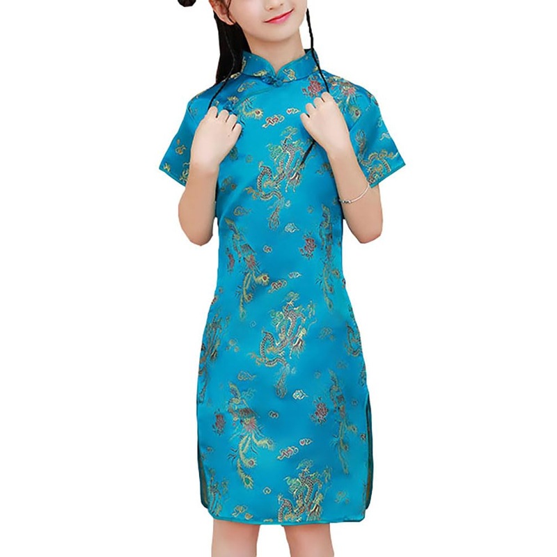 Girls Chinese Qipao Dress Dragon Pattern Short Sleeve Cheongsam Costume for Birthday Party Wedding (US, Age, 6 Years, 7 Years, B