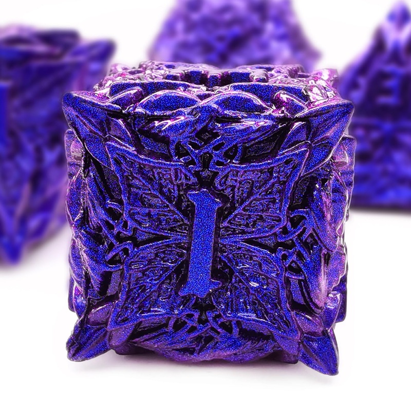 HAOMEJA Metal Vine Leaf Dice Set for DND – 7 Polyhedral D&D Solid Dice for Role Playing and Dungeons and Dragons (Blue Purple)
