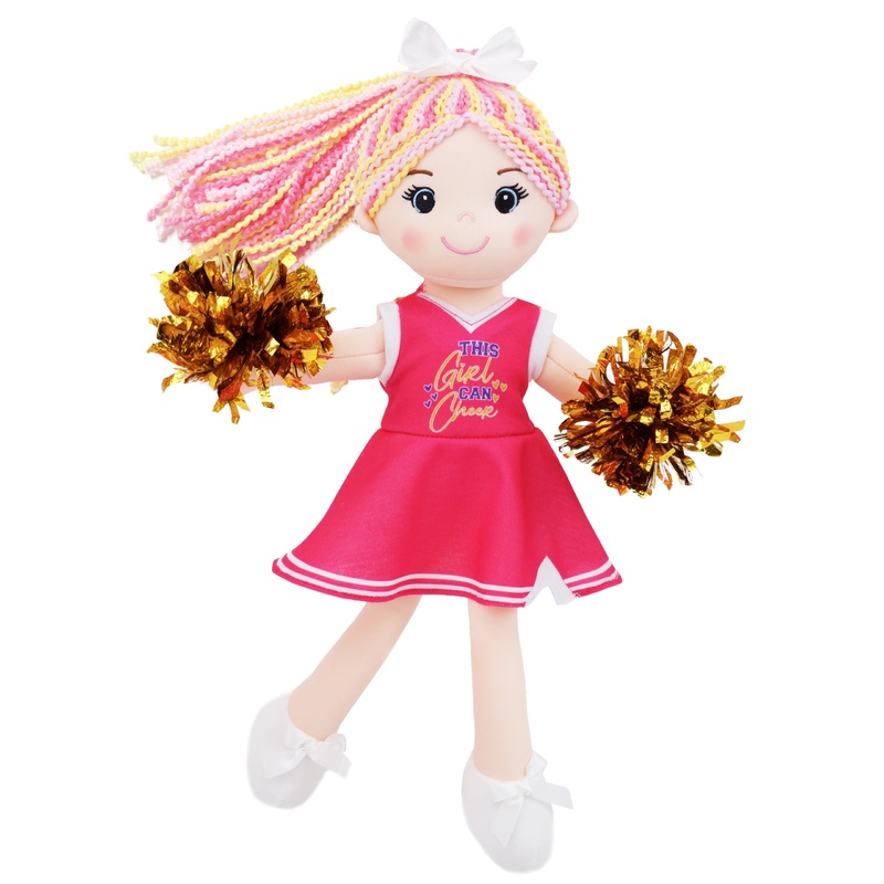 June Garden 14” Snuggle Cuties Cheerleader Sophie – Soft Cuddly Plush Doll Gift for Girls – Huggable Rag Doll – Pink M