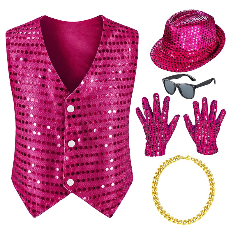 Kids Dance Hip Hop Jazz Costume Boys Sequin Vest Hat Sunglasses Set for Dance Party 4-5T Rose