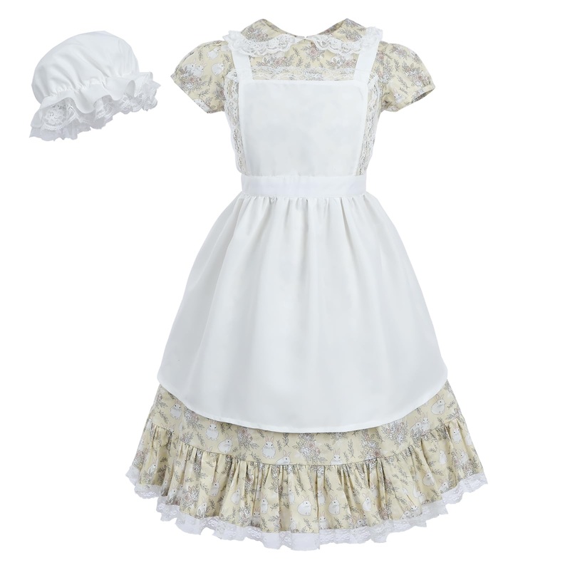 LTAKK Pioneer Dress Girls Colonial Costume Prairie Pilgrim Girl Dresses with Pinafore and Bonnet, Bunny Floral, Large, age over