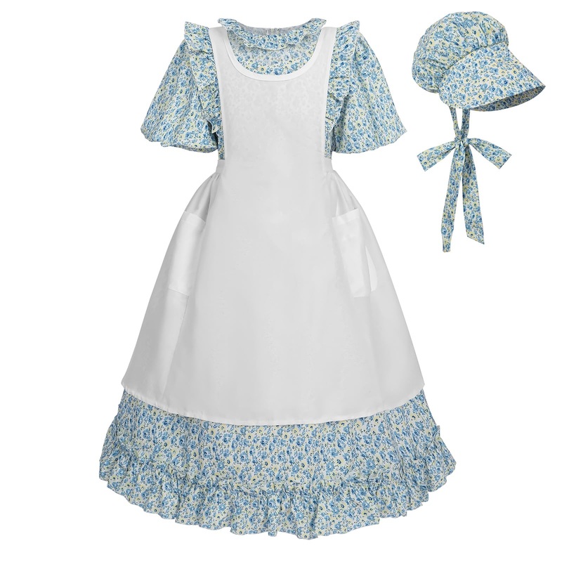 LTAKK Pioneer Dress Girls Colonial Costume Prairie Pilgrim Girl Dresses with Pinafore, Yellow Blue, Small, age over 4 years old
