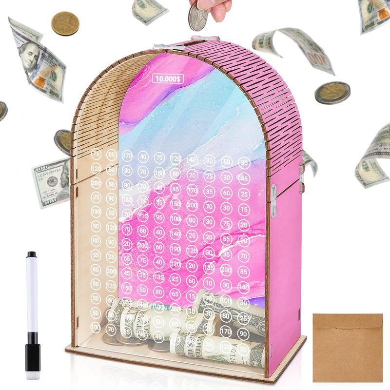MHJY Money Saving Box Wooden Money Box for Cash 10000 Savings Challenge Box Arched Piggy Bank for Adults Kids Reusable Coin Bank