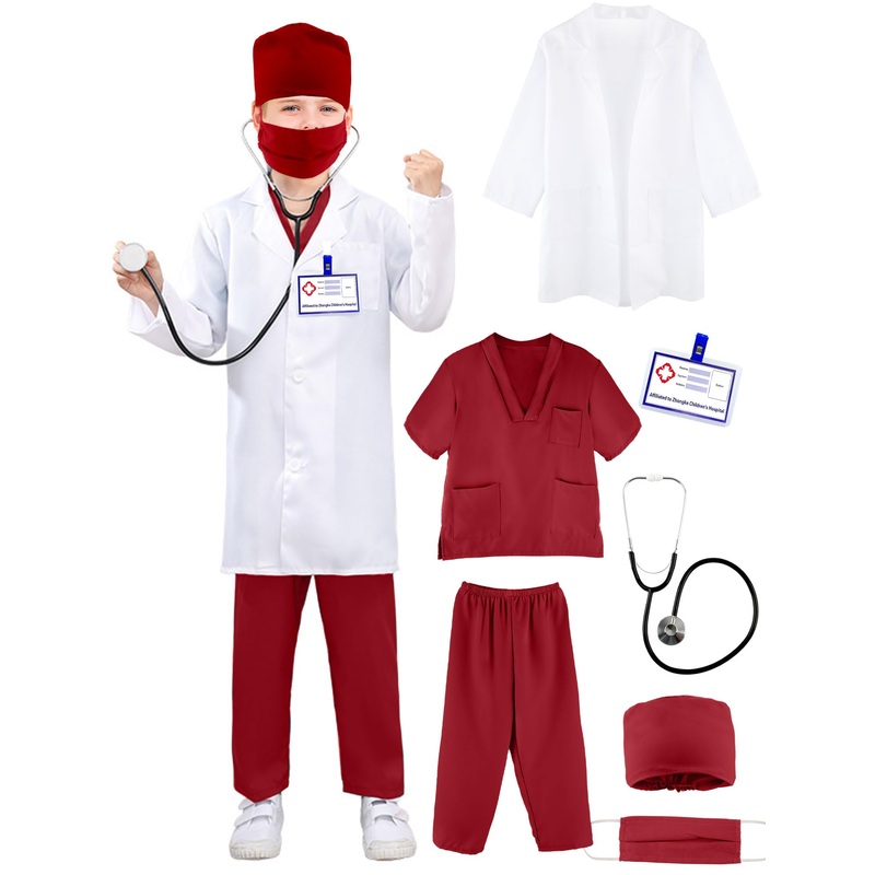 Puteraya Kids Surgical Doctor Suit Uniform with Stethoscope Toys for Boys & Girls – Dress Up Halloween Cosplay (Doctor Costume S