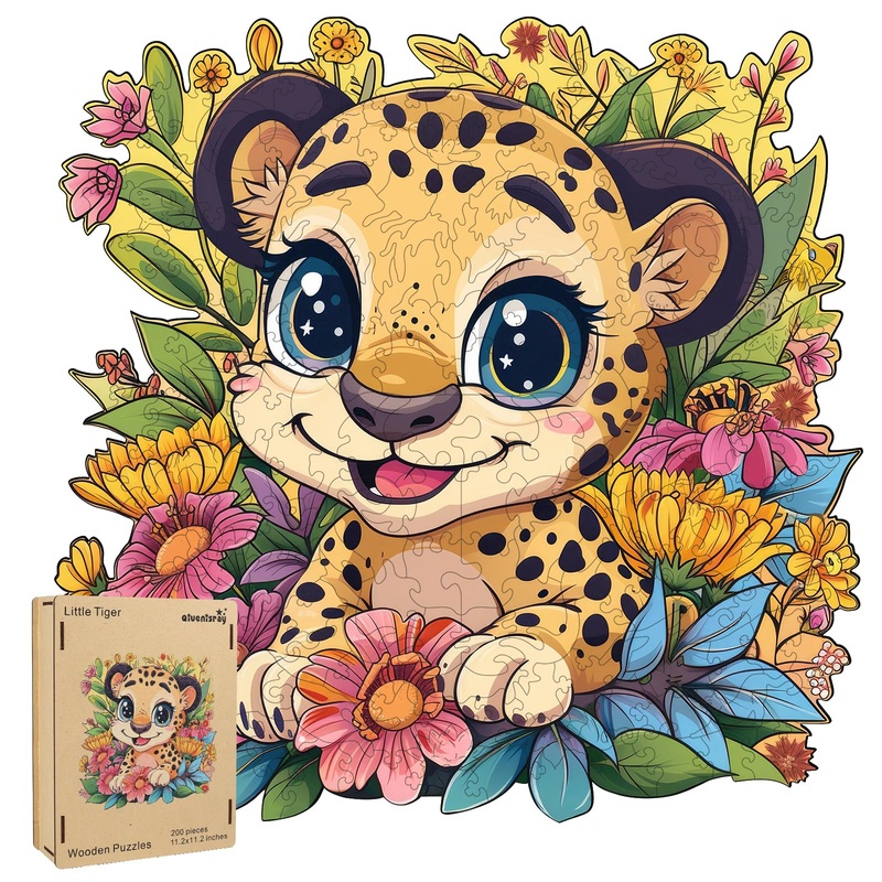 Qiuenisray Wooden Jigsaw Puzzles-Litter Tiger,200pcs,Medium 16.8×16.8in,Wooden Puzzles for Adults,Unique Shape Animal Adult Puzz