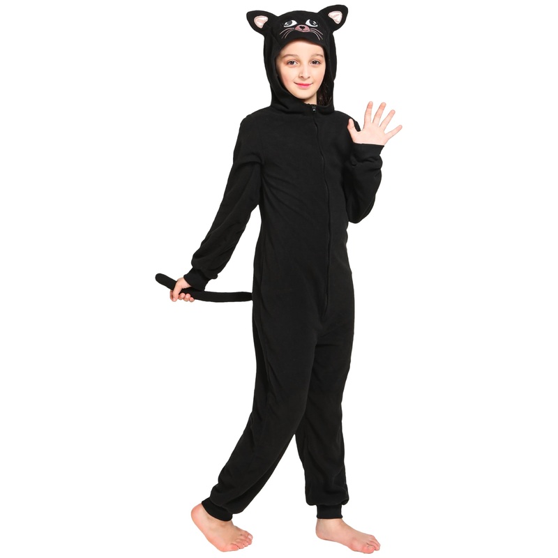 Rabtero Kids Black Cat Costume – Halloween Onesie for Girls 12-14, Christmas Cosplay Animal Pajamas