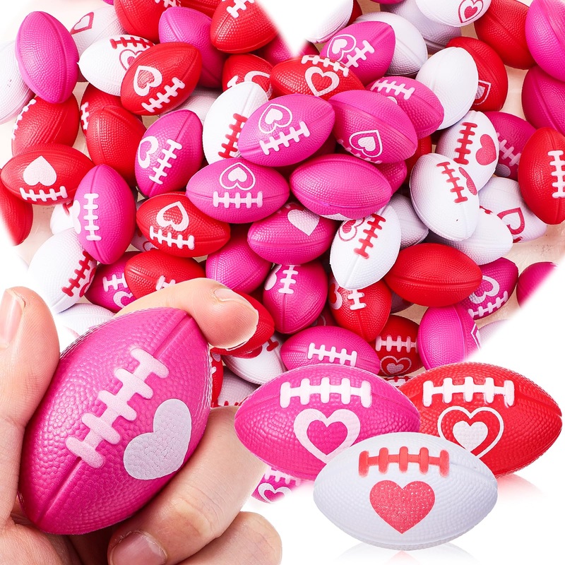 Simgoing 120 Pcs Valentine Football Stress Balls 1. 57” Mini Football Squeeze Balls Bulk Valentines Gift Foam Toy Party Favors