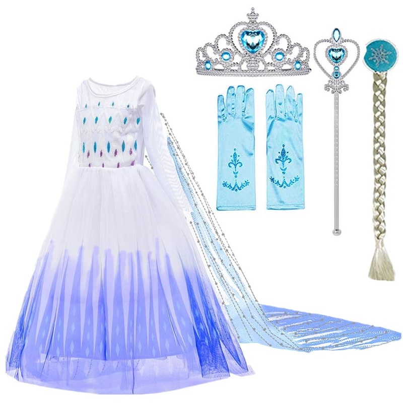 SOTOTOO Elsa Costume Long Sleeves Princess Dress Queen White Costume Cosplay Dress Up with Accessories Halloween (White,10-12Yea