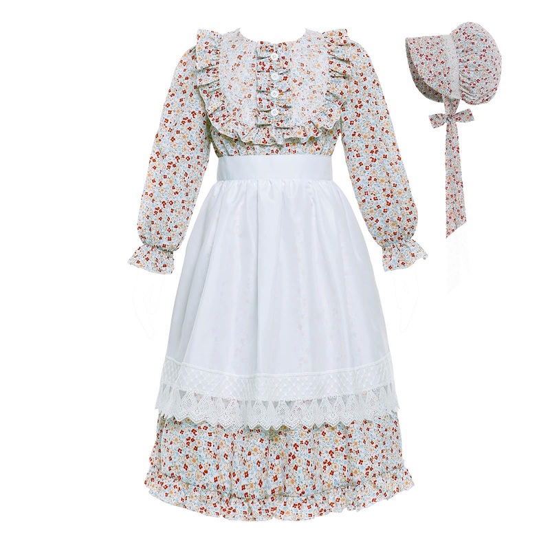 Vibsion Girls Pioneer Prairie Costume Pilgrim Dress Kids Floral Colonial Village Girl Costumes Bonnet Apron Set 3Pcs XL