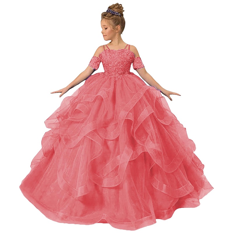 ZPVP Princess Flower Girl Dress Long Girls Pageant Dress Puffy Ruffles Beaded Appliques Wedding Party Costumes Coral US13