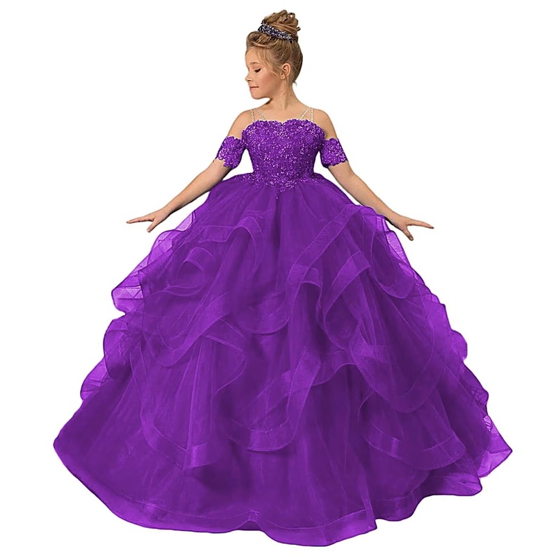 ZPVP Short Sleeve Flower Girl Dress Lace Appliques Tulle Tiered Purple Pageant Dresses for Girls Party Costumes Formal Dress US1