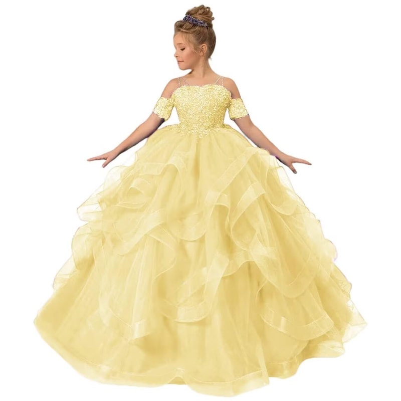 ZPVP Tulle Princess Girls Pageant Dress Tiered Ruffles Flower Girl Dress Beaded Appliques Wedding Party Costumes Yellow US6