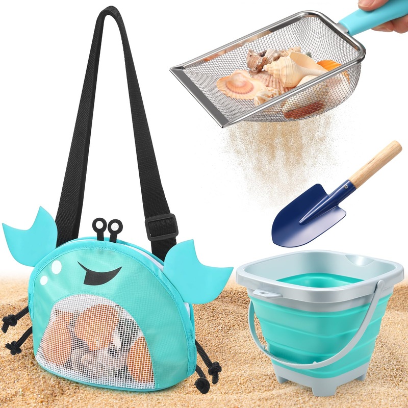 4 Pack Beach Mesh Shovel and Foldable Beach Bucket Crab Mesh Beach Bag for Kids Adjustable Strap Mesh Seashell Collecting Bag Sa