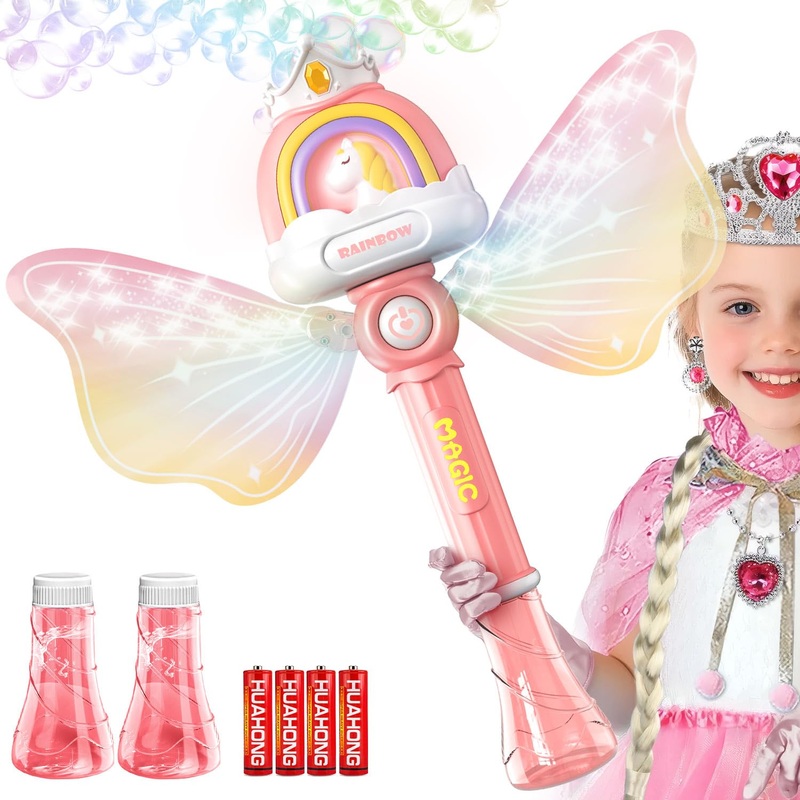 Bubble Wands for Girls Kids, Bubble Machine LED Light Princess Toys with 4 AA Batteries & 2 Solutions, Girl Stuff Outdoor Party