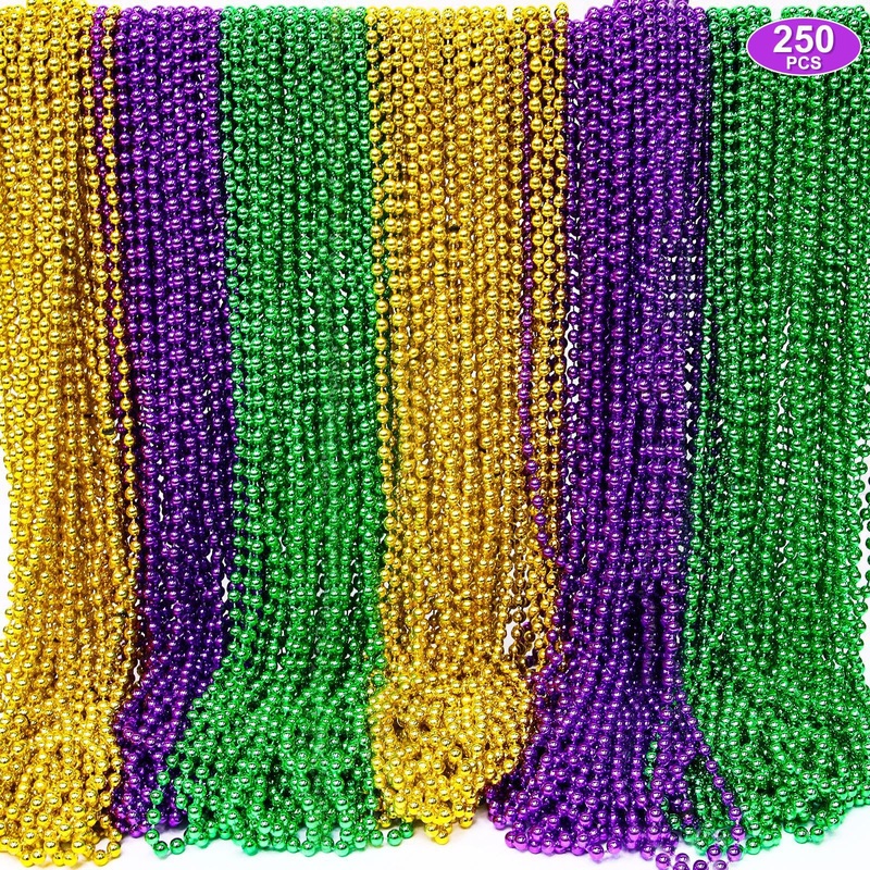 Camlinbo 250 PCS Mardi Gras Beads Necklaces Bulk Purple Green Gold Beads Mardi Gras Party Supplies Costume Accessories