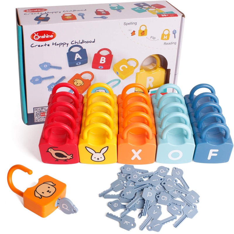 Dinhon ABC Learning Lock Educational Letter Combination-with 26 Locks, 26 Keys Montessori Preschool Alphabet Learning Game Early