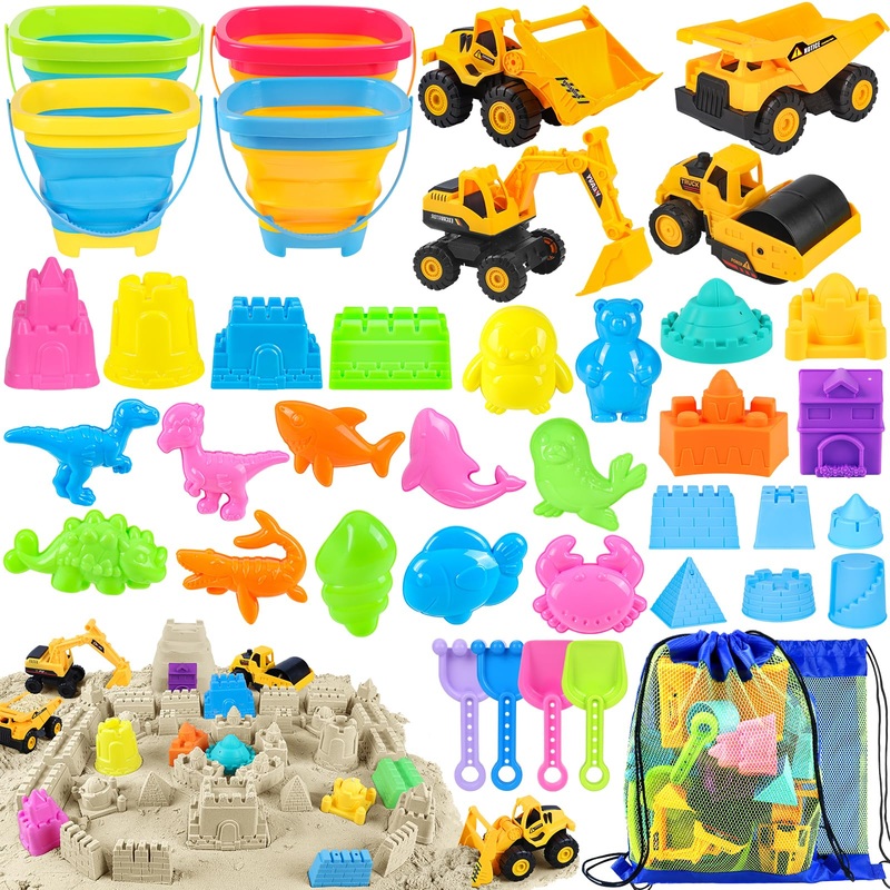 FHOZGECY Beach Toys, 40Pcs Sand Toys with 4 Toy Construction Vehicles, 4 Collapsible Beach Bucket, Sand Castle Building Kit, San