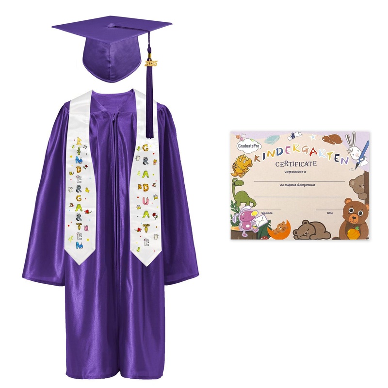 GraduatePro Kindergarten Graduation Cap and Gown Package Class of 2025 for Kids with Stole Certificate as Party Gift Purple 27