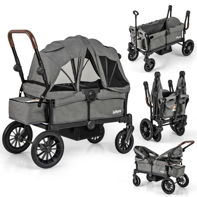 INFANS Wagon Stroller for 2 Kids, Collapsible Adjustable Push Pull Handle Bar, 2 Seater Stroller Wagon with Removable Canopy Sna