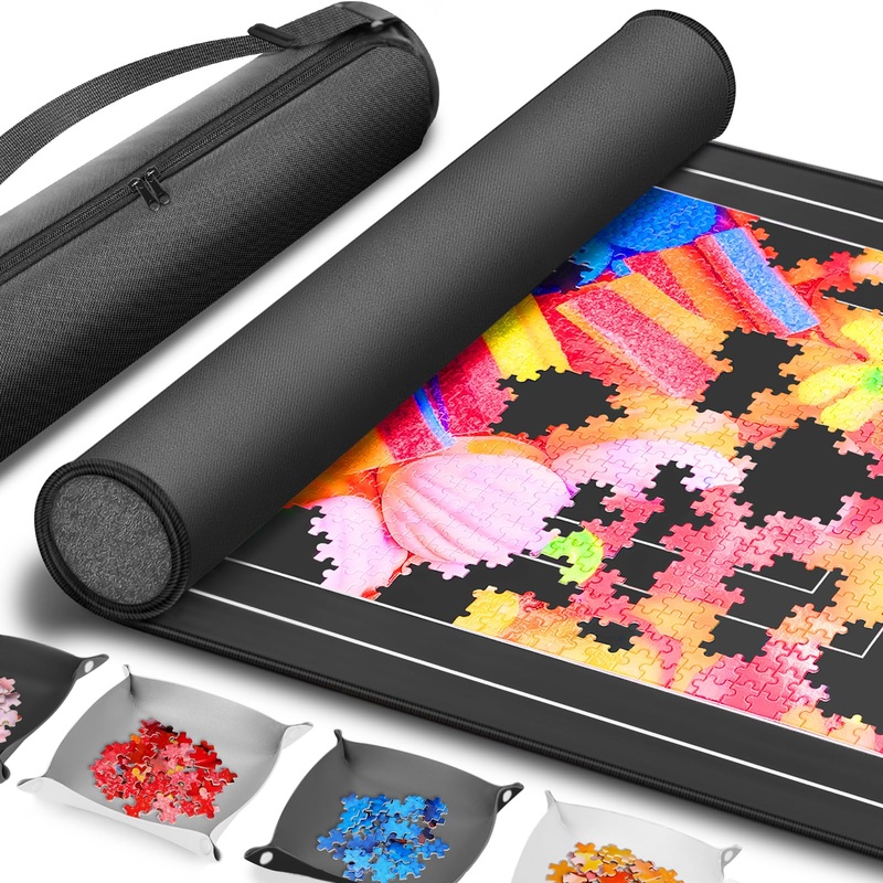 Join&Joy Jigsaw Puzzle Mat Roll Up, Rubber Saver Pad 46” x 26 ”, with 4 Sorting Trays & Travel Storage Bag, Portable Rollup Pu
