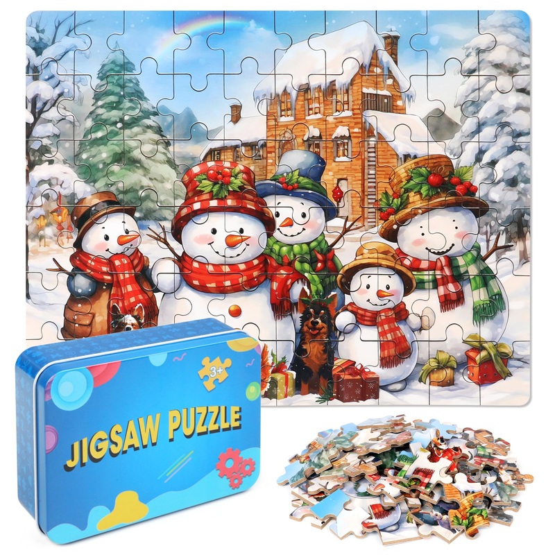 LELEMON Snowman Jigsaw Puzzles in a Metal Box 100 Pieces Snowman Jigsaw Puzzle for Kids Ages 4-8 Children Learning Educational P