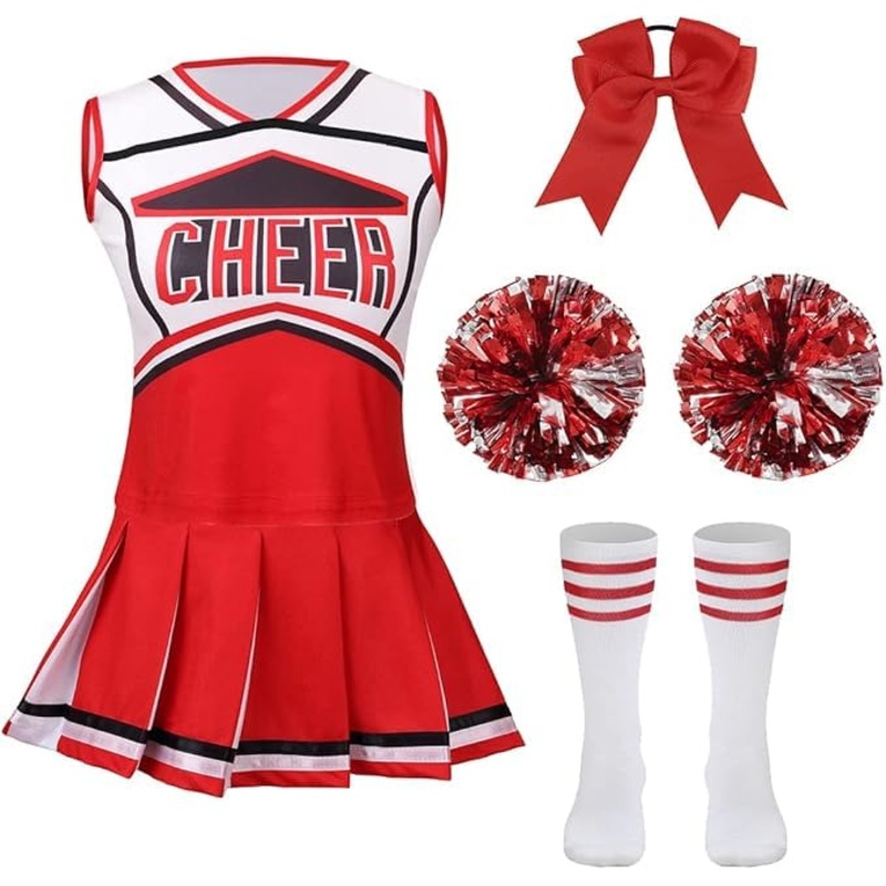 LMYOVE Classic red 5-Piece Cheerleading Set for Kids – Includes Top, Skirt, Pom Poms, Headband, and Socks,10-11Y