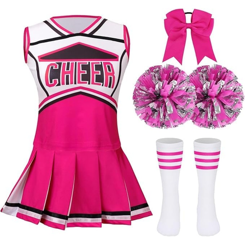 LMYOVE Classic Rose-red 5-Piece Cheerleading Set for Kids – Includes Top, Skirt, Pom Poms, Headband, and Socks,12-14Y