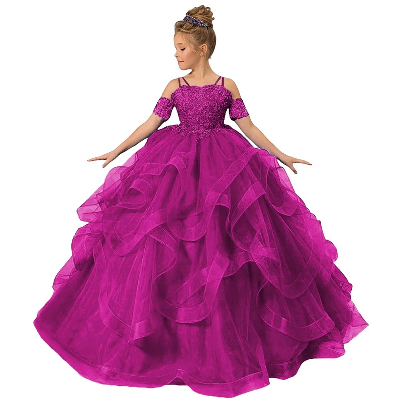 Long Girls Pageant Dress Fuchsia Flower Girl Dress Princess Ruffles Beaded Appliques Tulle Wedding Party Costumes US8