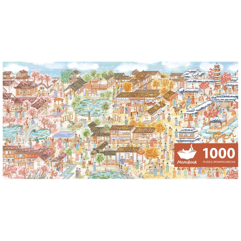 MOMIBOOK Puzzles for Adults 1000 Piece Jigsaw Puzzles of Suzhou Four Seasons Scenery, Photosensitive Discoloration Painting Imag