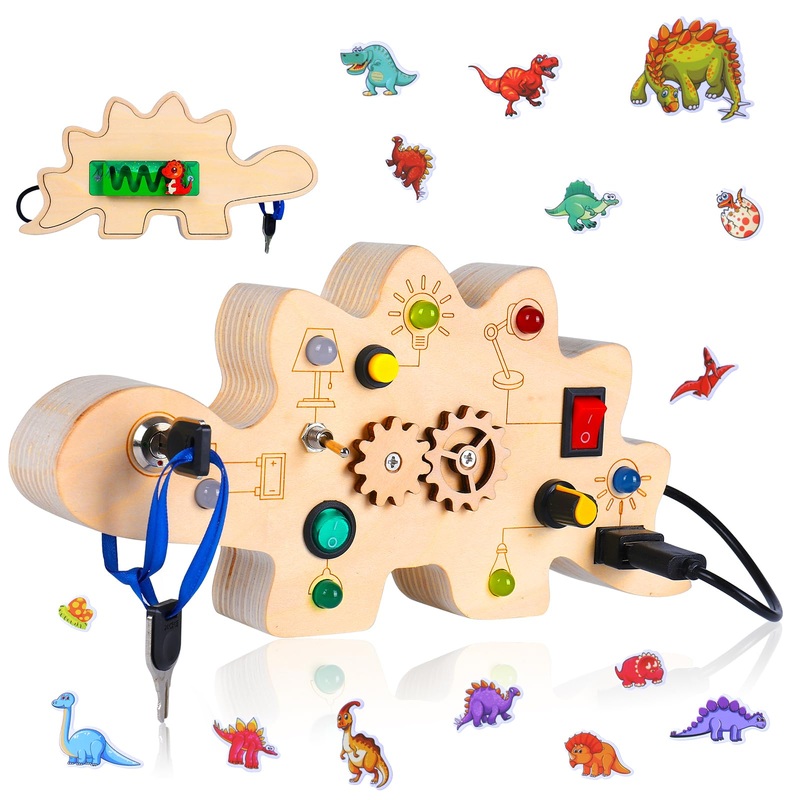 Montessori Toddler Busy Board for 1+ Year Old, Dinosaur Busy Board with LED Light, Travel Toys Preschool Learning Activities, Wo