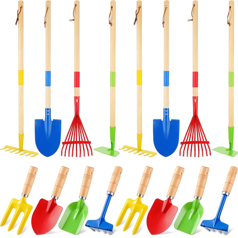 Motionchic 16 PCS Kids Gardening Tools, Long Shovel, Rake for Leaves, Spade, Hoe, Steel Heads and Real Wood Handle, Yard Tools f