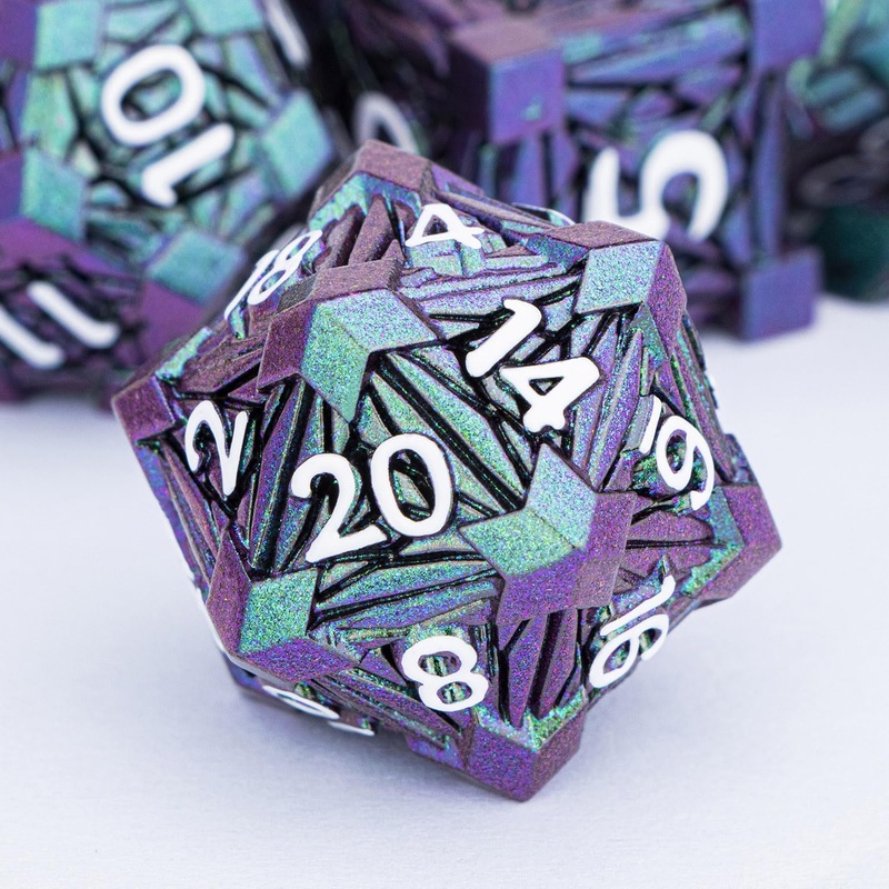 ORIFANTOU 7PCS Metal DND Dice Set with Box, Debris RPG Green Purple D and D Dice for use with D&D Tabletop Games Role Playing Ga