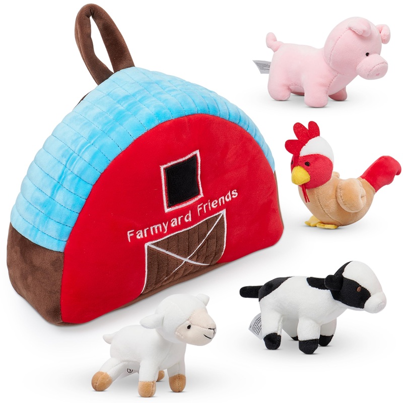 PixieCrush Plush Barn with Farm Animals – Set of 5 – Soft Textiles – Includes 4 Stuffed Farm Animals – Sheep Pig Cow Chicken – F