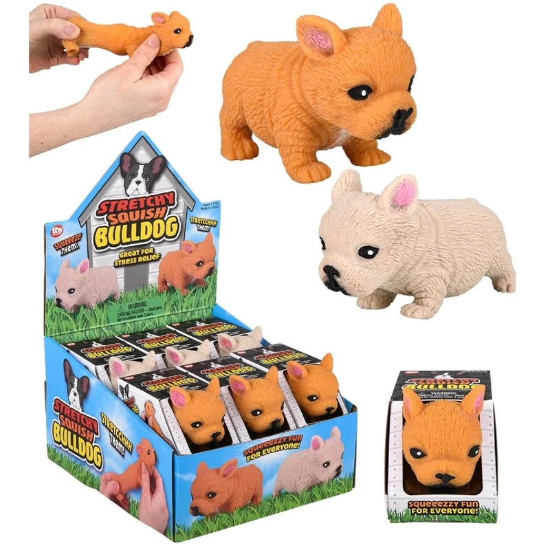 Squishy Stretchy Bulldog 12 Pack (2.5” to 6.5”) Rubber Fidget Sensory Toy Filled with Sand. Great Stress Relief Dog Toy for Ki