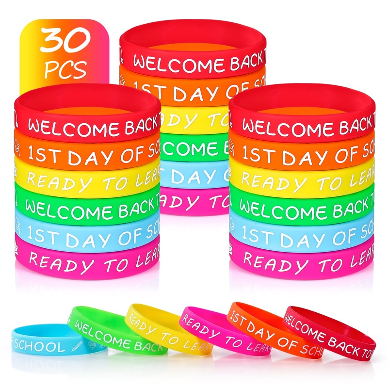 Welcome Back to School Rubber Bracelets 30 PCS First Day of School Bracelet Gifts Silicone Wristbands for Students Kids Party Fa