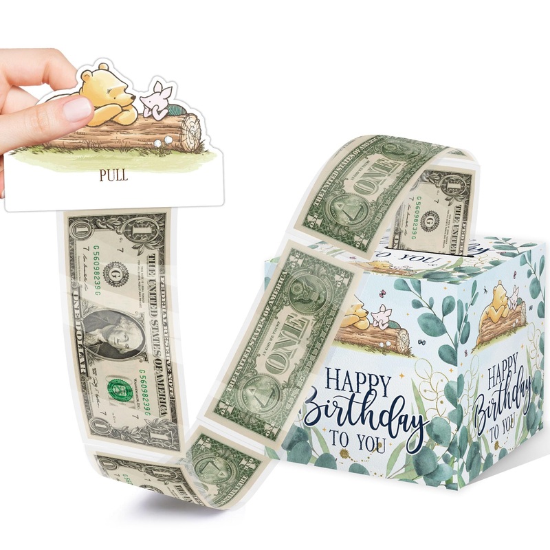 Winnie Surprise Money Gifts Box for Cash, Happy Birthday Money Box with Pull for Kids Girls Boys, Winnie Birthday Party Decorati